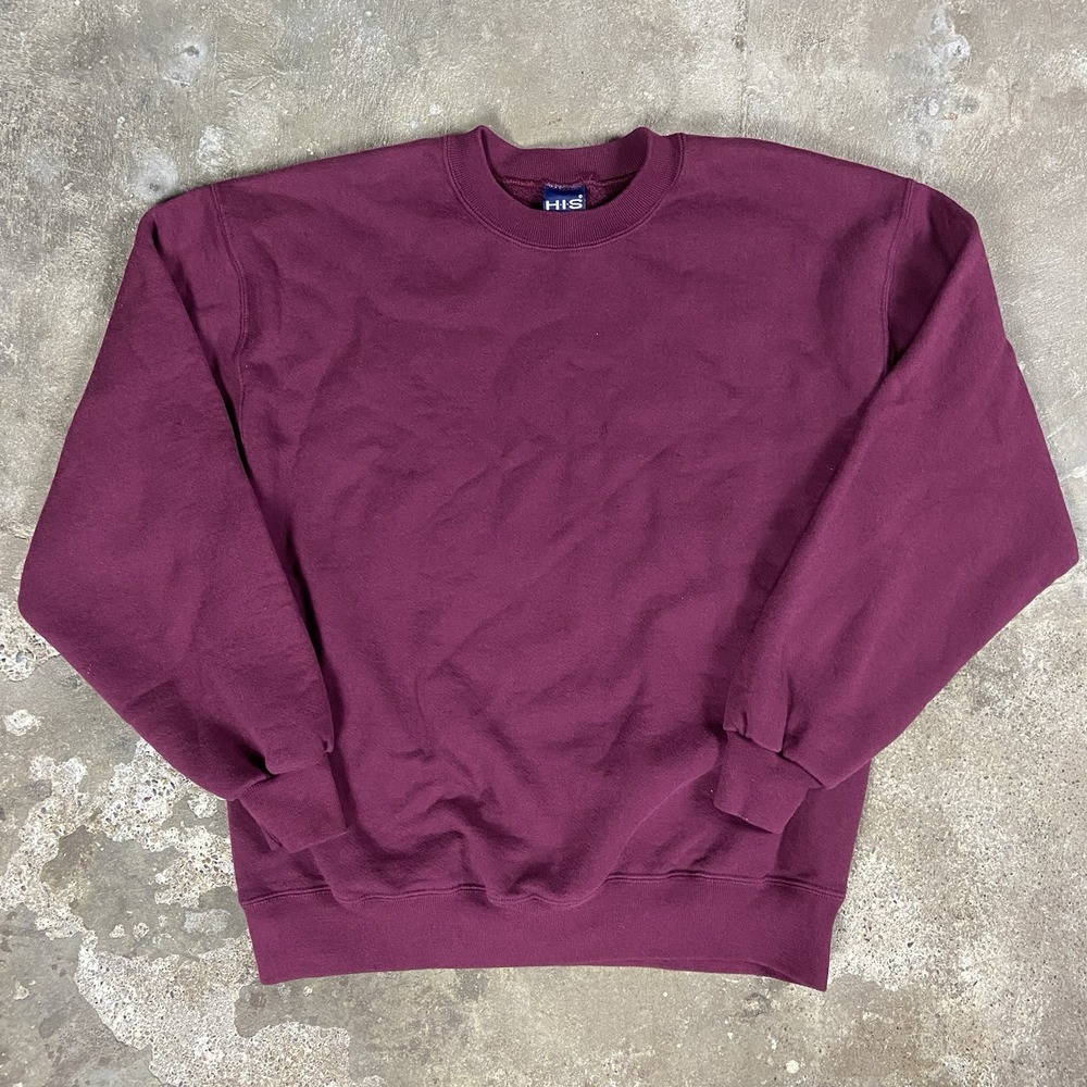 Vintage 80s‎ HIS Sweatshirt Size Large Burgundy Fleece Crew Neck Blank Pullover